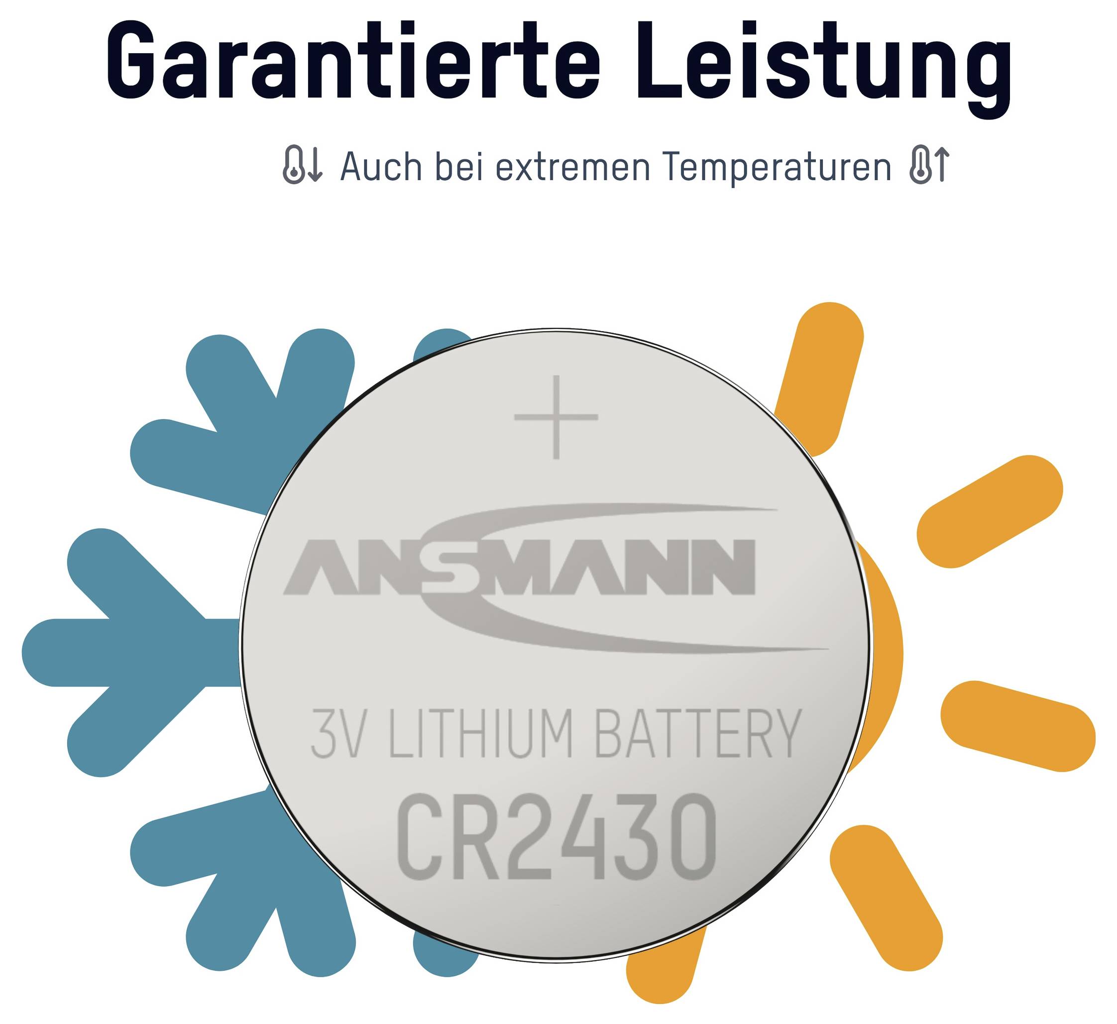 ANSMANN CR2430 3V Lithiumbatterie mit garantierter Leistung bei extremen Temperaturen, dargestellt zwischen Kälte- und Wärmesymbolen.