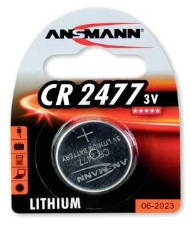 Ansmann CR2477 3V Lithium-Knopfzelle in Einzelhandelsverpackung, mit Verfallsdatum 06-2023.