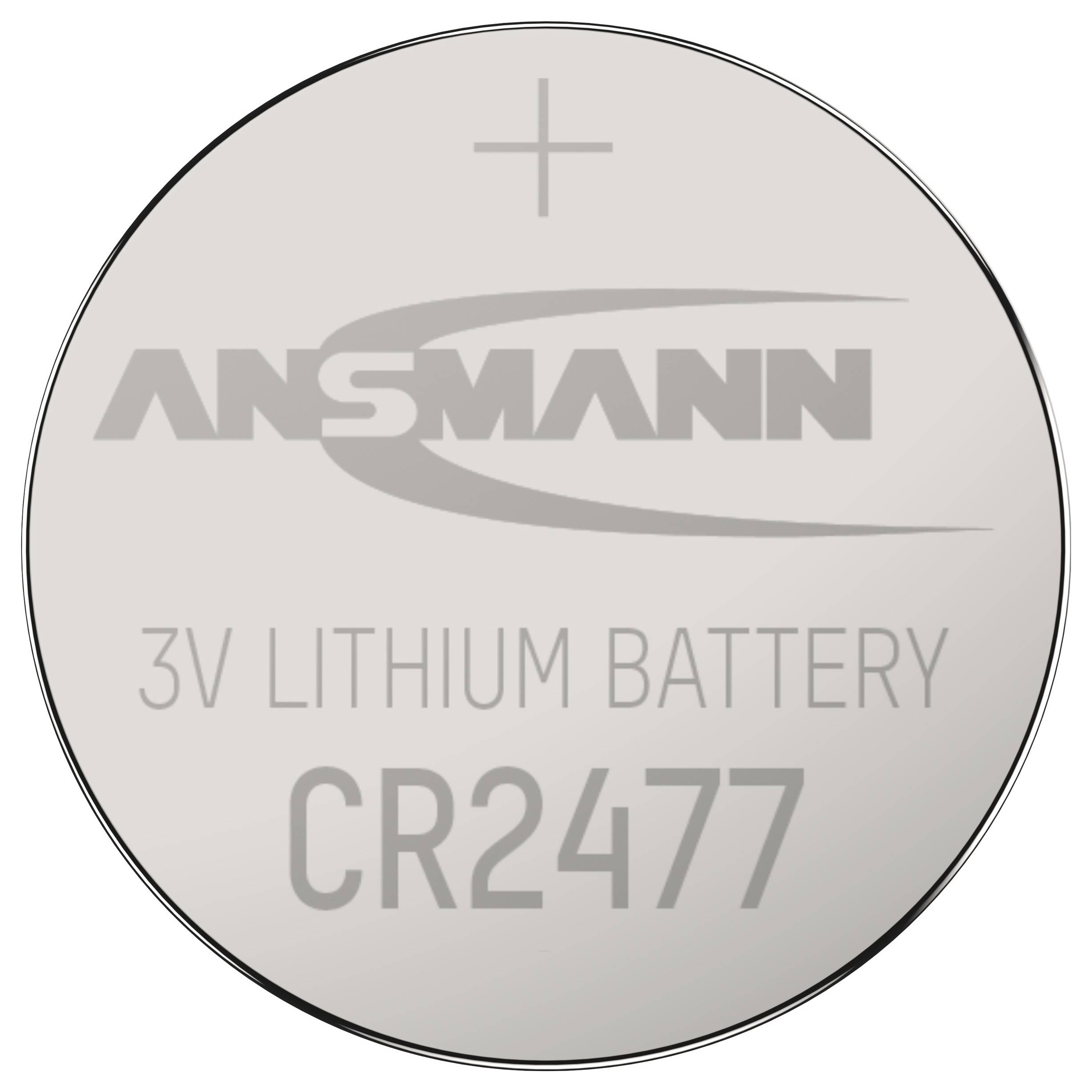 Ansmann CR2477 3V Lithium-Knopfzelle mit gekennzeichnetem Pluspol.