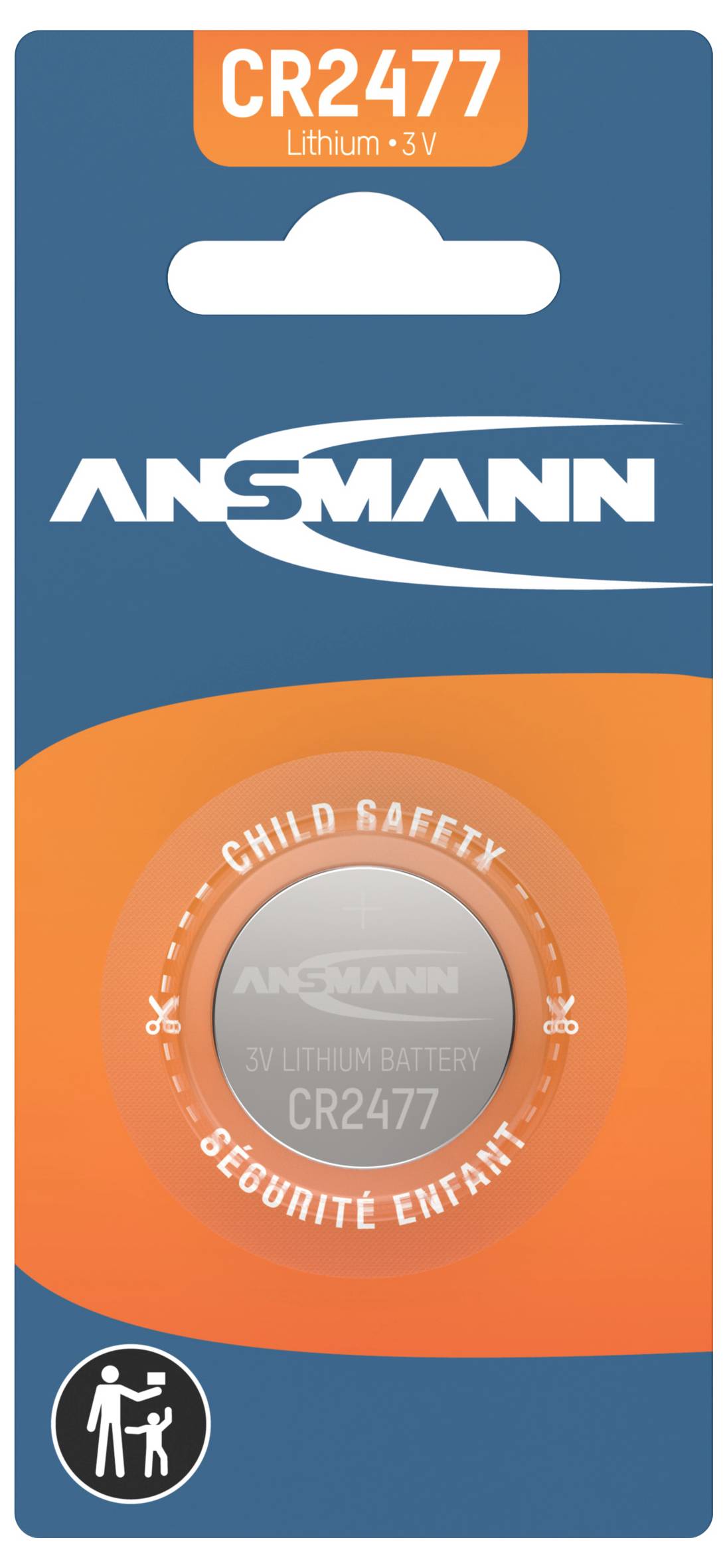 Ansmann CR2477 Lithium-3V-Batterie-Paket mit orangefarbiger Kindsicherheitswarnung und Kindsicherheitssymbol am unteren Ende.