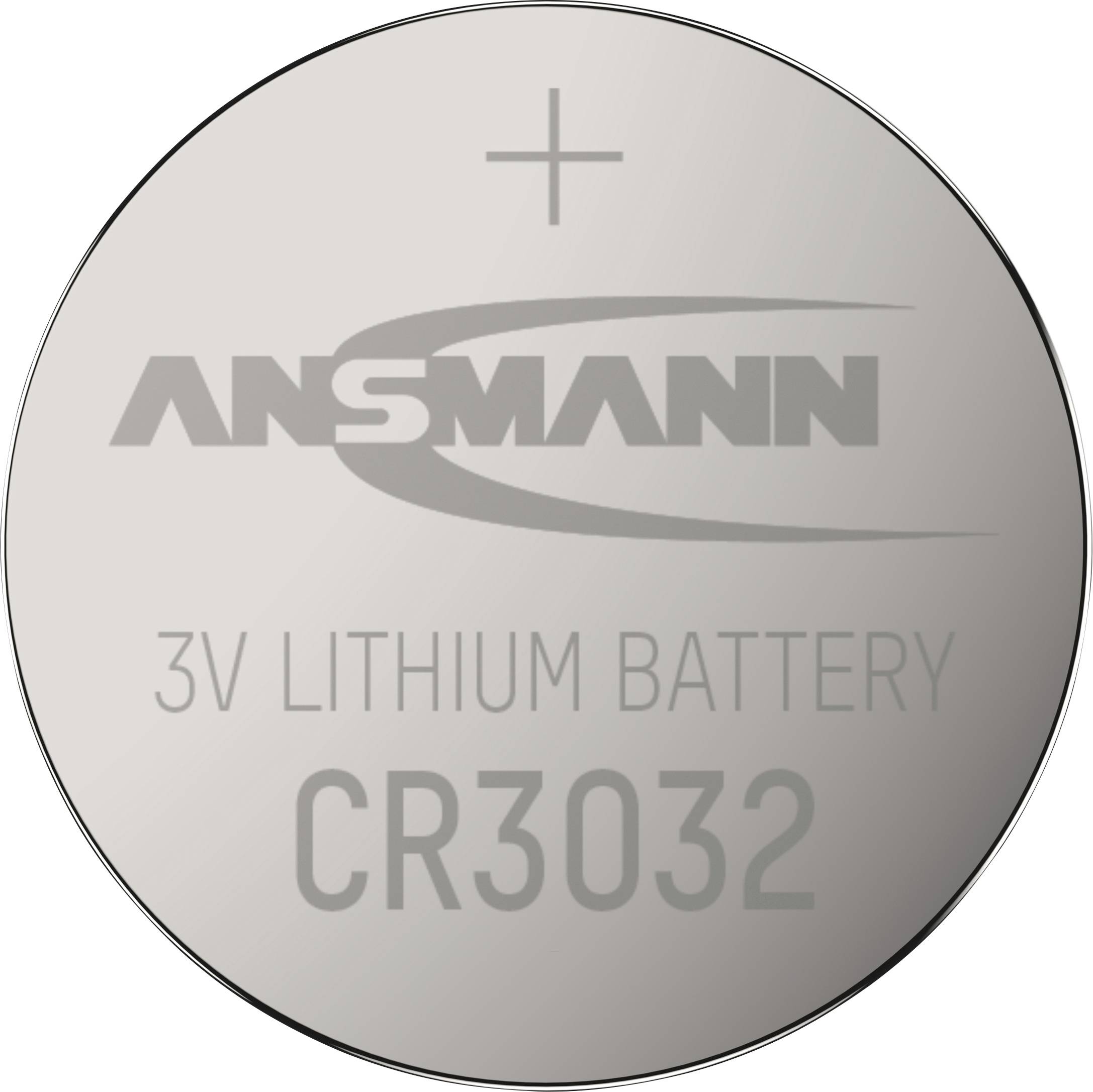 Silber-Lithium-Knopfzelle CR3032 3V von ANSMANN mit Pluspol-Markierung.