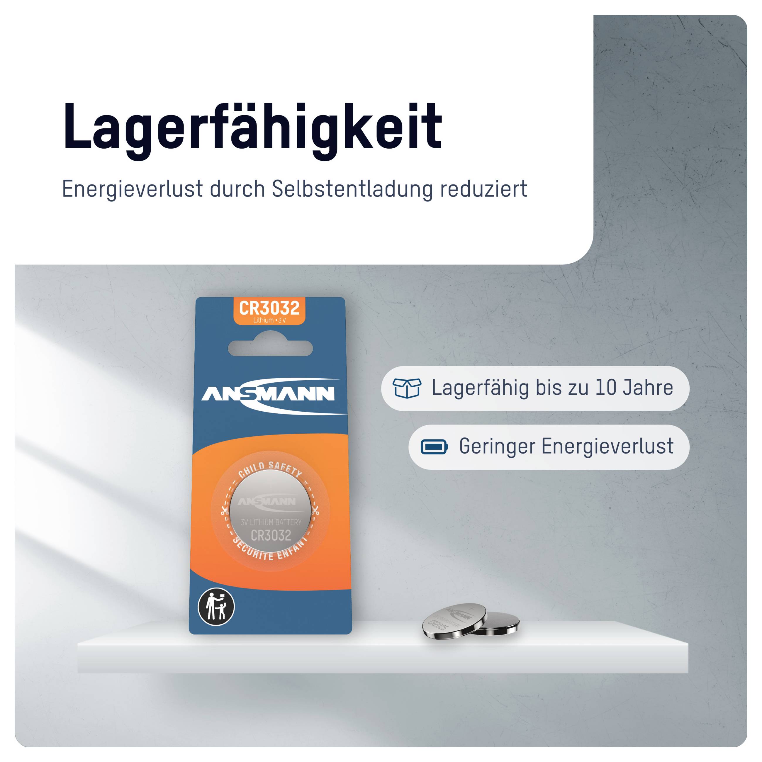 ANSMANN CR3032 Batteriepaket im Regal mit Text „Lagerfähigkeit