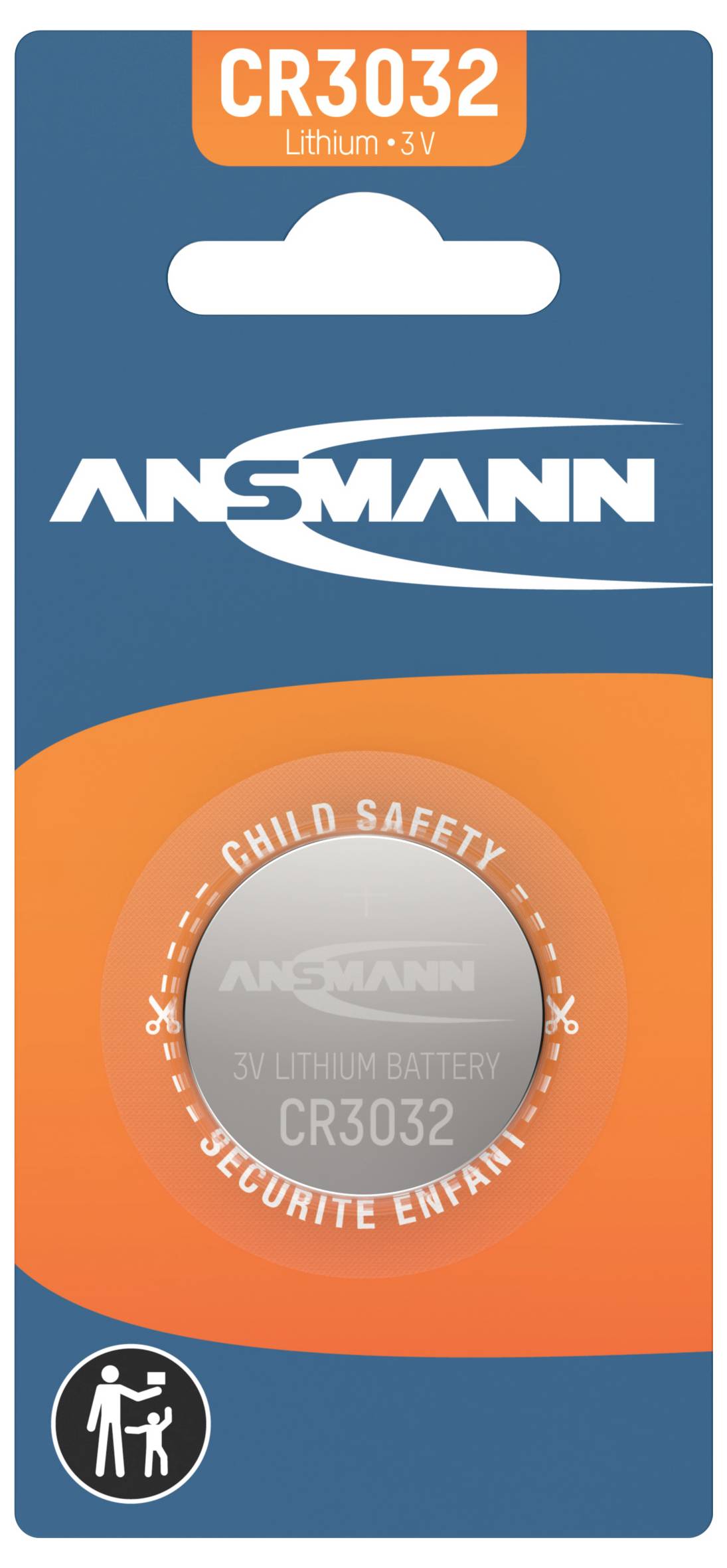 Packung mit ANSMANN CR3032 Lithium-3V-Batterie mit Kindersicherheitswarnung und sichtbarem Batteriebild.