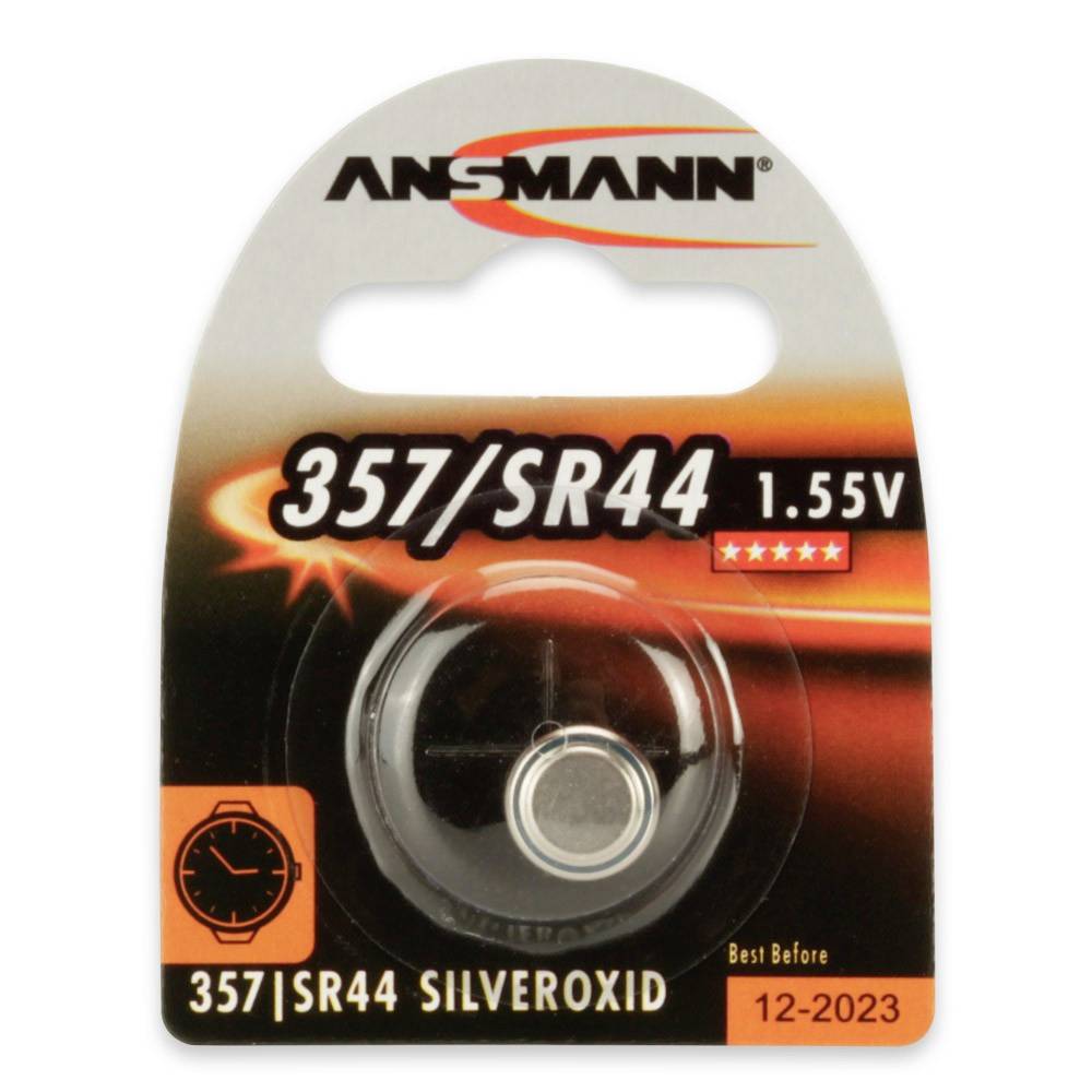 Ansmann 357/SR44 Silberoxid-Knopfzelle in Einzelhandels-Blisterpackung, gekennzeichnet mit 1,55V und Verfallsdatum 12-2023.