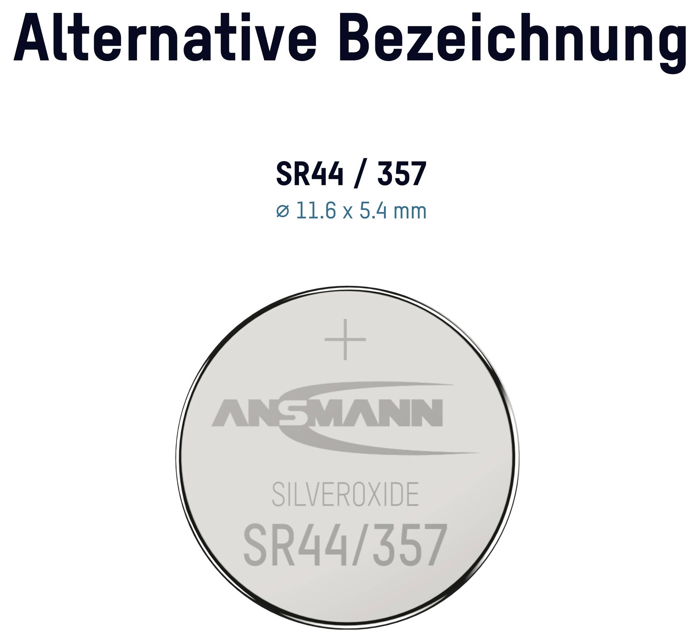 Produktbild einer Silberoxid-Knopfzellenbatterie in Silber mit der Bezeichnung „SR44 / 357