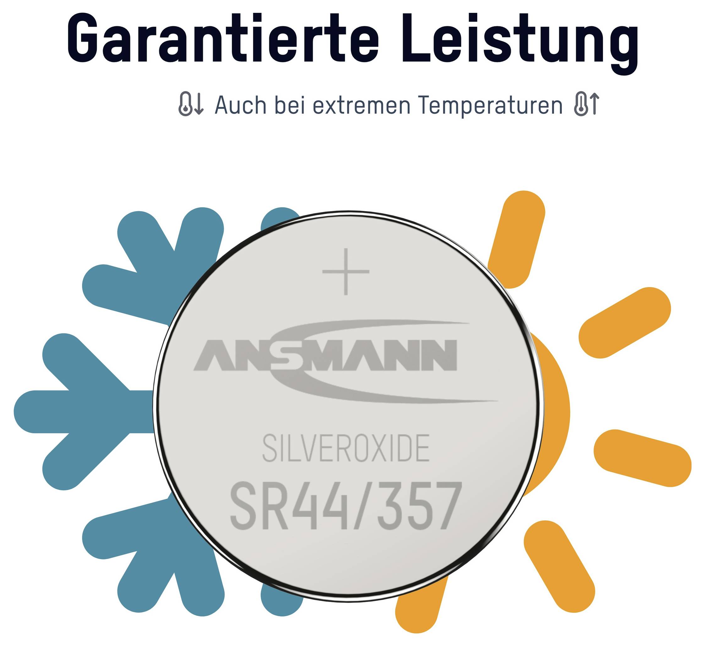 Illustration einer ANSMANN Silveroxide SR44/357 Batterie mit dem Text „Garantierte Leistung