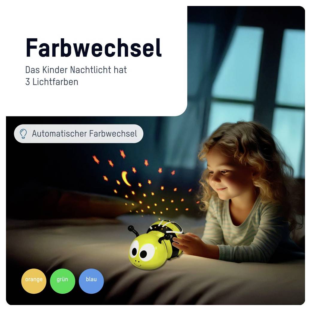 Kind benutzt ein bienenförmiges Nachtlicht mit automatischer Farbwechsel; deutscher Text besagt, dass es 3 Lichtfarben hat: orange, grün, blau.