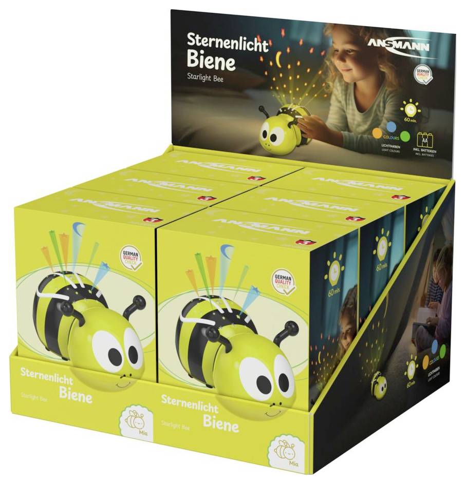 Anzeigekasten der ANSMANN 'Sternenlicht Biene' Sternen-Nachtlampe, der eine lächelnde bienenförmige Lampe mit projizierten Lichtern und Produktbranding zeigt.