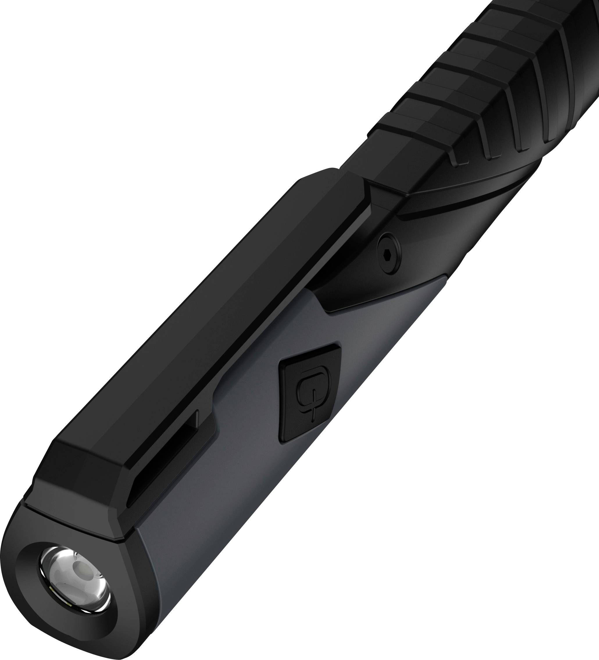 Schwarze tragbare Taschenlampe mit strukturierter Griffoberfläche und seitlicher Ein-/Ausschalter, dargestellt auf weißem Hintergrund.
