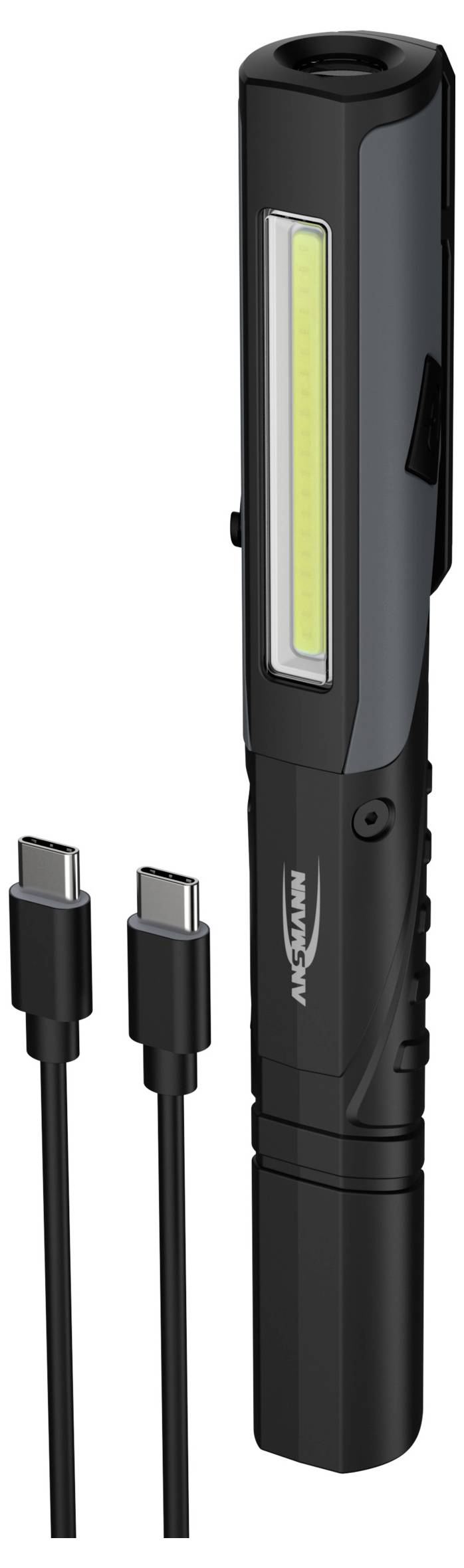 Schwarze aufladbare Inspektionsleuchte mit seitlichem LED-Panel und eingebautem USB-C-Anschluss, dargestellt mit zwei Ladekabeln.