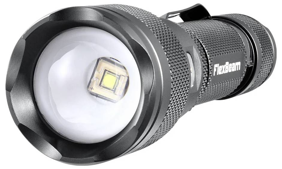 Schwarze tragbare Taschenlampe mit großer runder Linse und sichtbarem LED-Emitter, Marke „FlexBeam