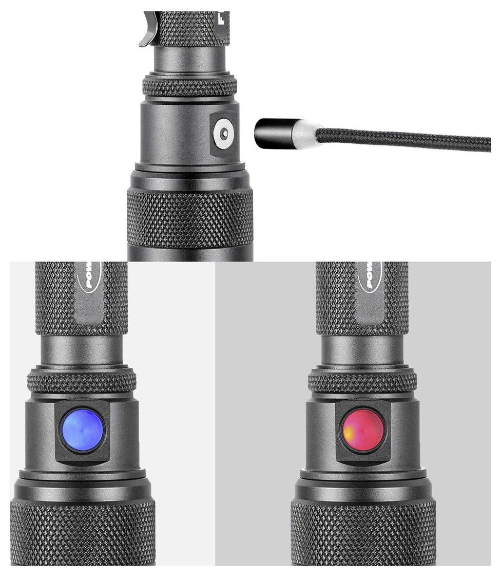 Nahaufnahme einer schwarzen Taschenlampe mit einer Seitentaste, gezeigt mit blauem Licht auf der linken Seite und rotem Licht auf der rechten Seite.