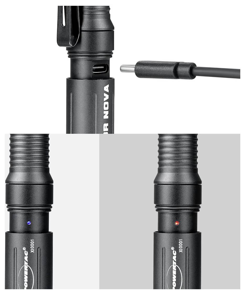 Nahaufnahme einer schwarzen Taschenlampe, die durch ein USB-C-Kabel aufgeladen wird; untere Bilder zeigen blaue und rote Anzeigelichter am Gehäuse.