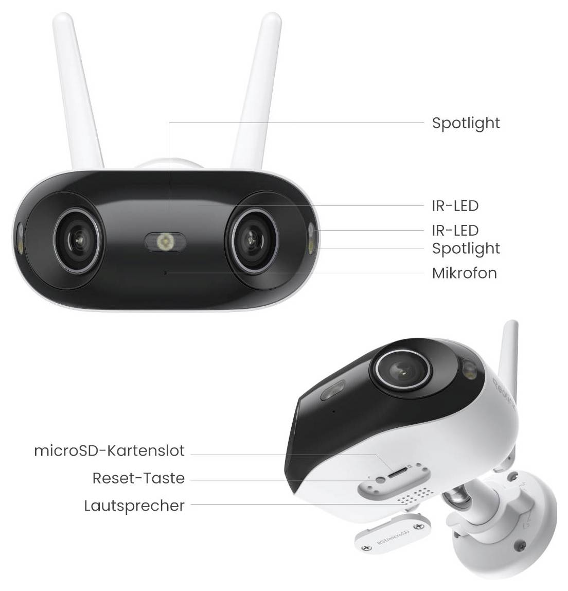 Beschriftete Produktgrafik einer WLAN-Sicherheitskamera mit zwei Antennen; zeigt Frontansicht und Montageansicht mit microSD-Kartenslot, Reset-Taste, Lautsprecher, Spotlight, IR-LED und Mikrofon.