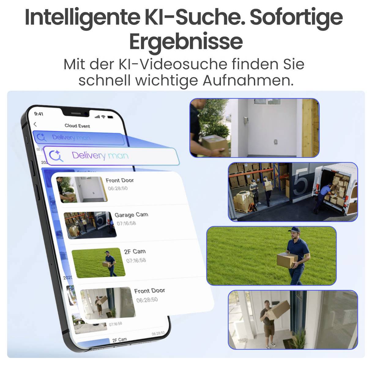 Werbebild zur KI-Videosuche: Smartphone mit Suchergebnis „Delivery man“ und mehrere Kameravorschauen; Überschrift „Intelligente KI-Suche. Sofortige Ergebnisse“.