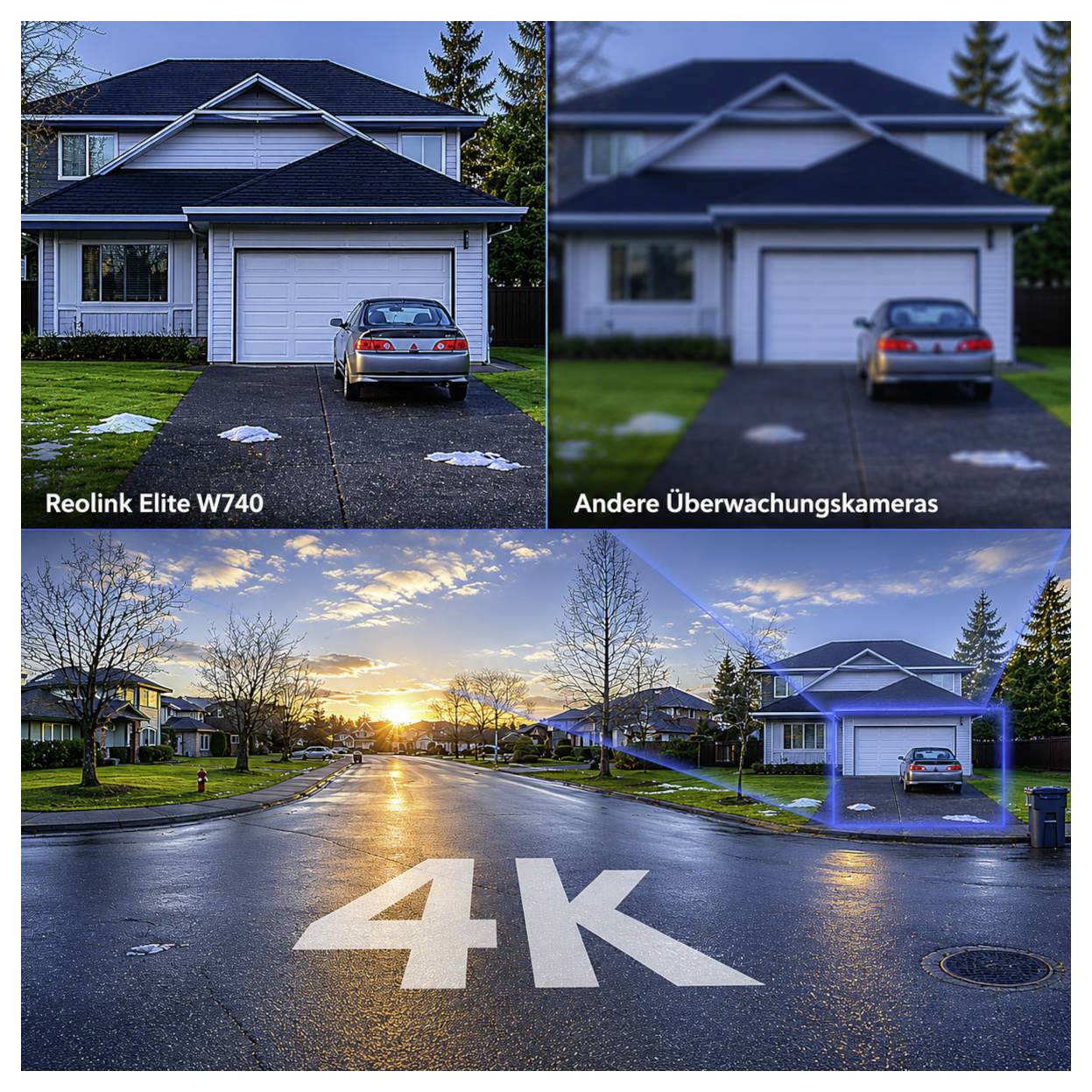 Werbegrafik mit Vergleich: Oben links scharfes Hausbild 'Reolink Elite W740', oben rechts unscharf bei 'Andere Überwachungskameras'; unten 4K-Straßenansicht mit markiertem Haus.