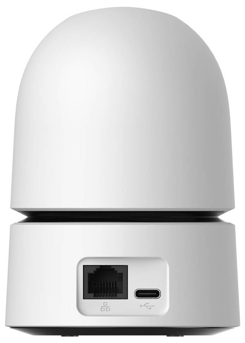 Weißes zylindrisches Netzwerkgerät oder Router mit gewölbtem oberen Ende, das einen Ethernet-Anschluss und einen USB-C-Anschluss auf der Frontplatte zeigt.