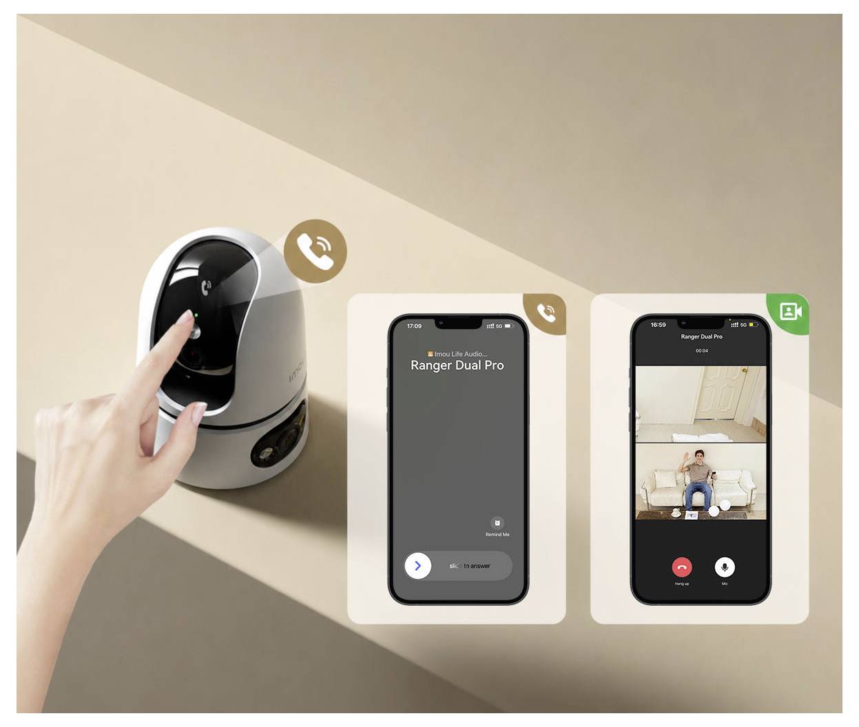 # Smart-Home-Innenraumkamera wird angezapft, mit Telefonbildschirmen, die die Setup-Oberfläche von 