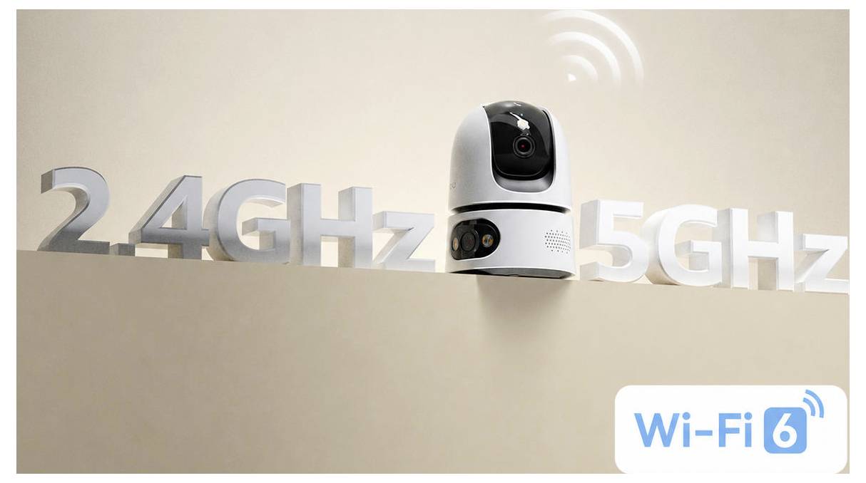 Wi‑Fi 6 Kamera mit Signalwellen, positioniert zwischen den Bezeichnungen „2,4 GHz