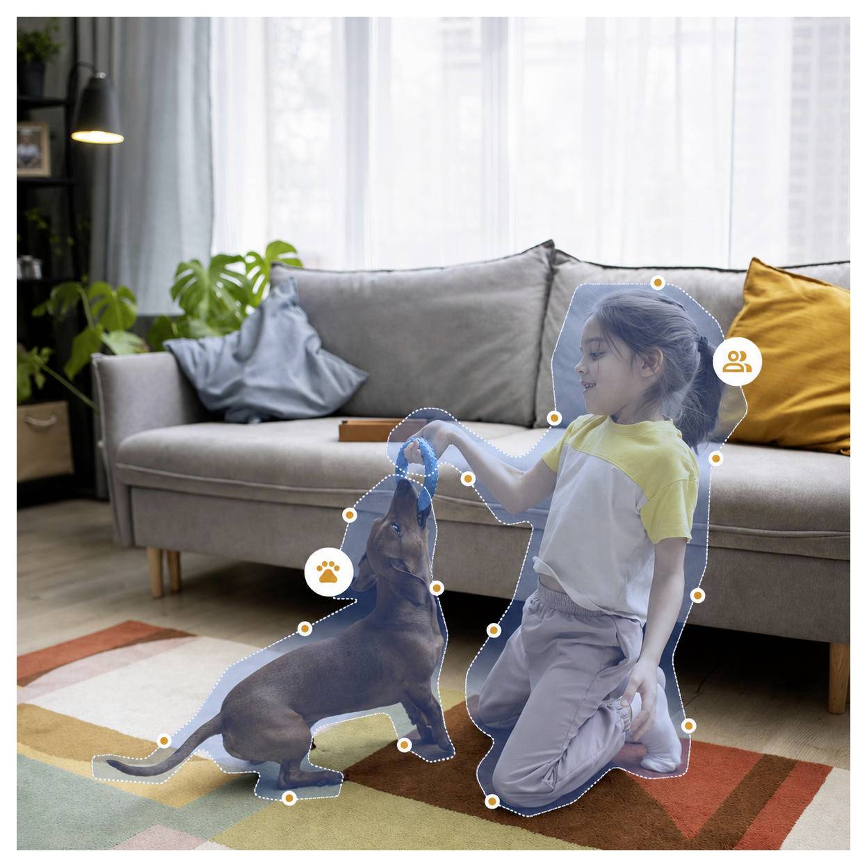 Ein Mädchen kniet auf einem Teppich und streichelt einen sitzenden Hund in einem Wohnzimmer mit einem Sofa, einer Pflanze und einem hellen Fenster.