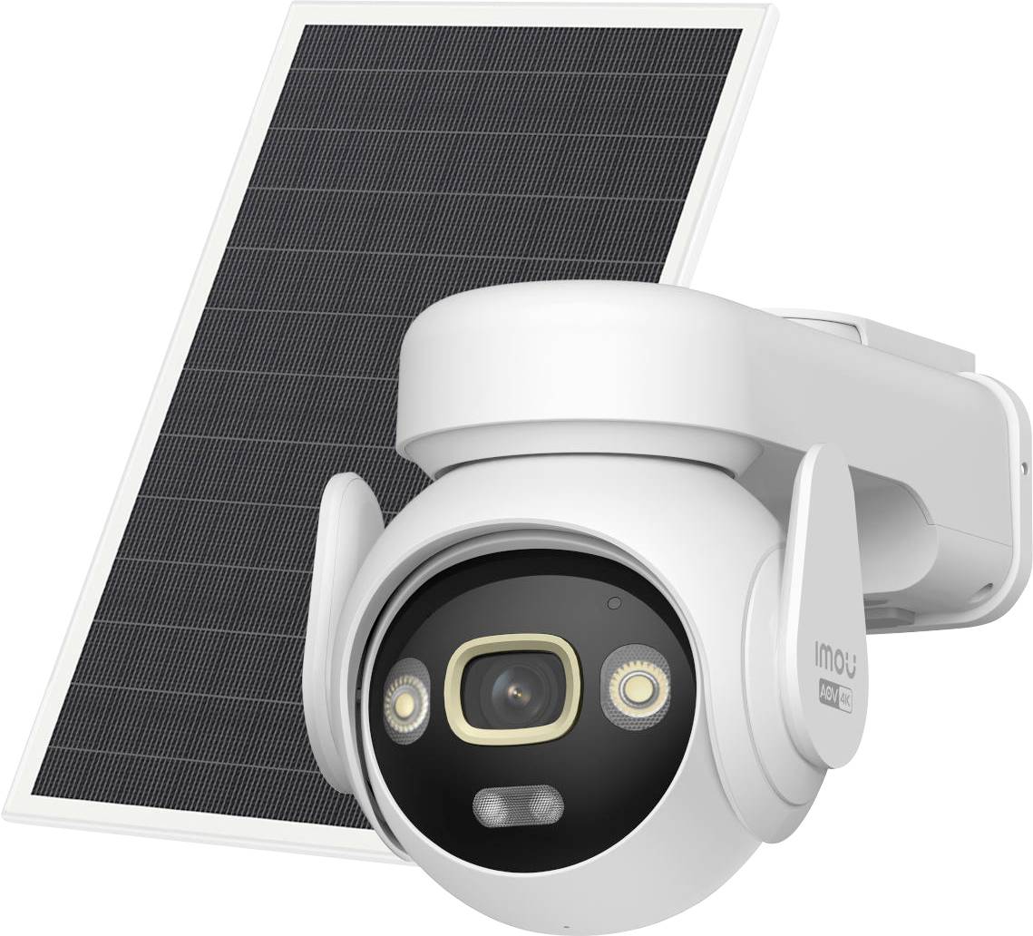 Weiße solarbetriebene Sicherheitskamera mit angebrachtem Solarpanel auf weißem Hintergrund.