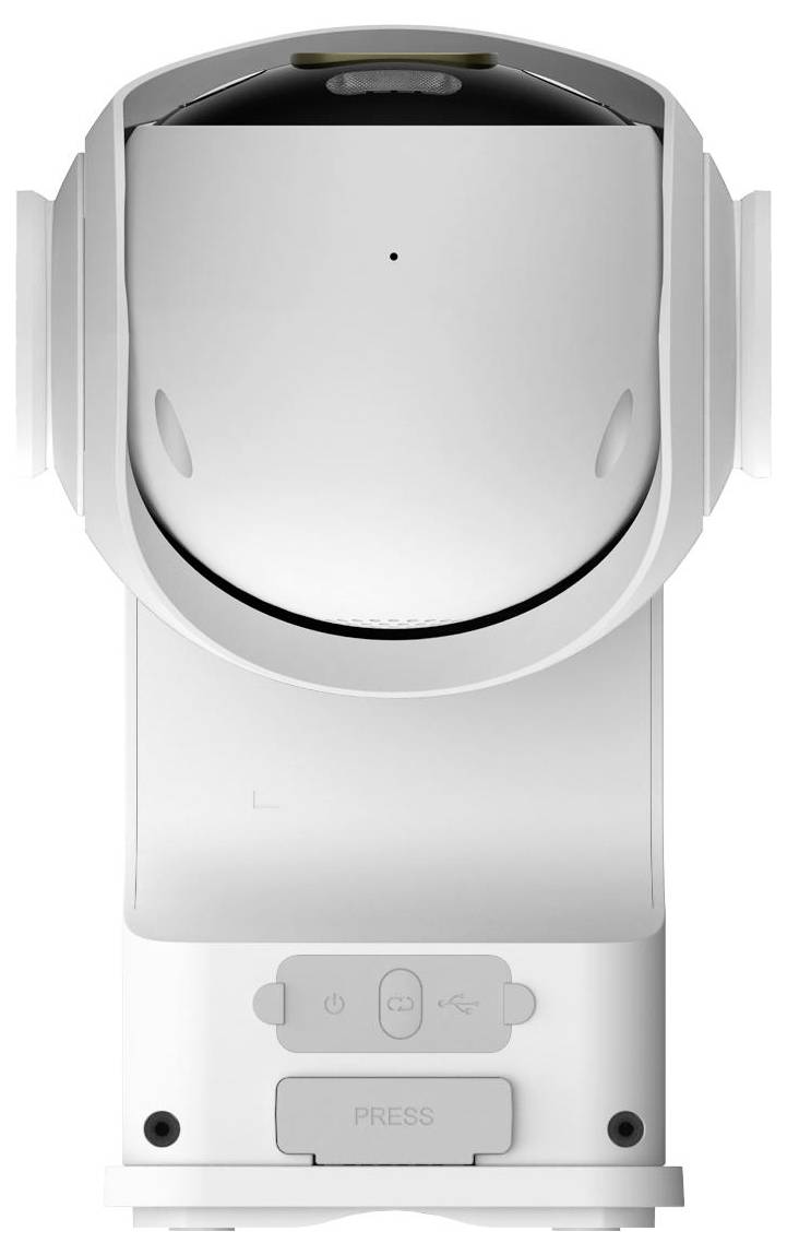 Vorderansicht eines weißen roboterartigen Geräts oder einer kameraähnlichen Maschine mit einer zentralen Linse/einem Sensor, Seitenpanelen und einer unteren 