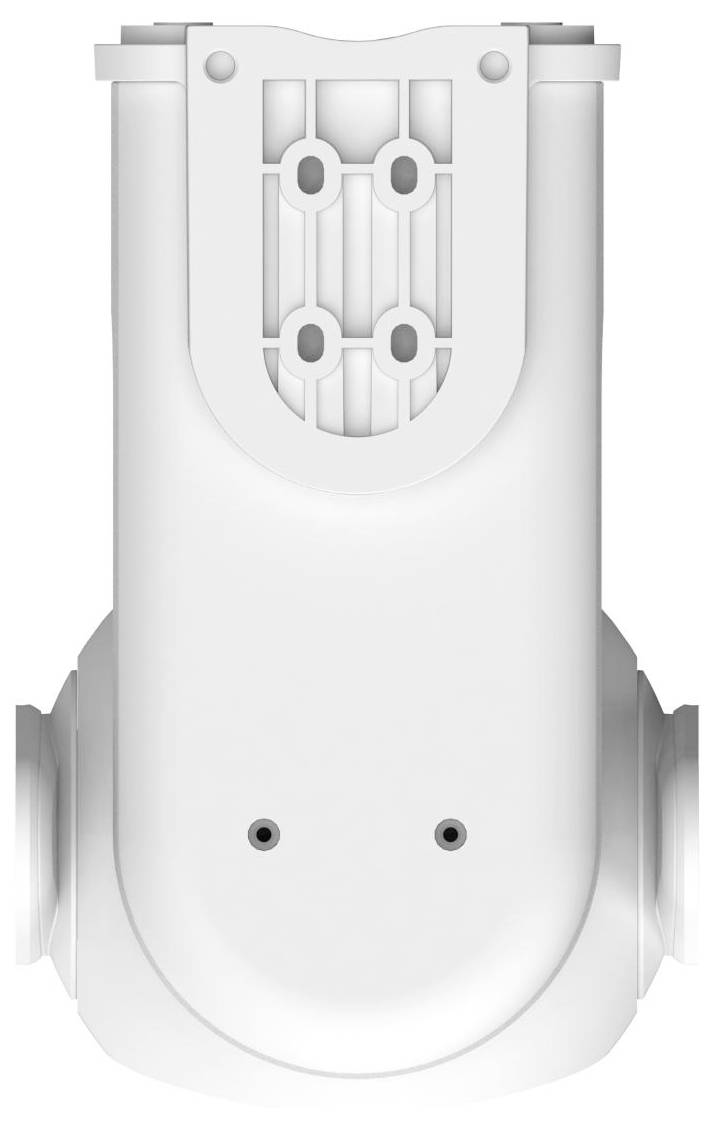 Frontansicht eines weißen zylindrischen mechanischen Geräts mit Seitenbefestigungen, belüftetem Oberflächen-Panel und zwei kleinen vorderen Anschlüssen.