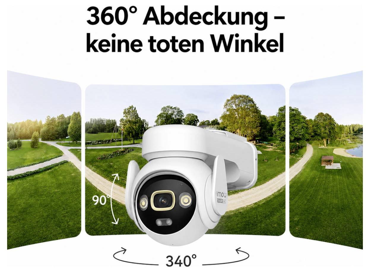 Werbegrafik mit Überwachungskamera vor Parklandschaft; Text: '360° Abdeckung – keine toten Winkel' und Hinweis auf 340°-Drehung.