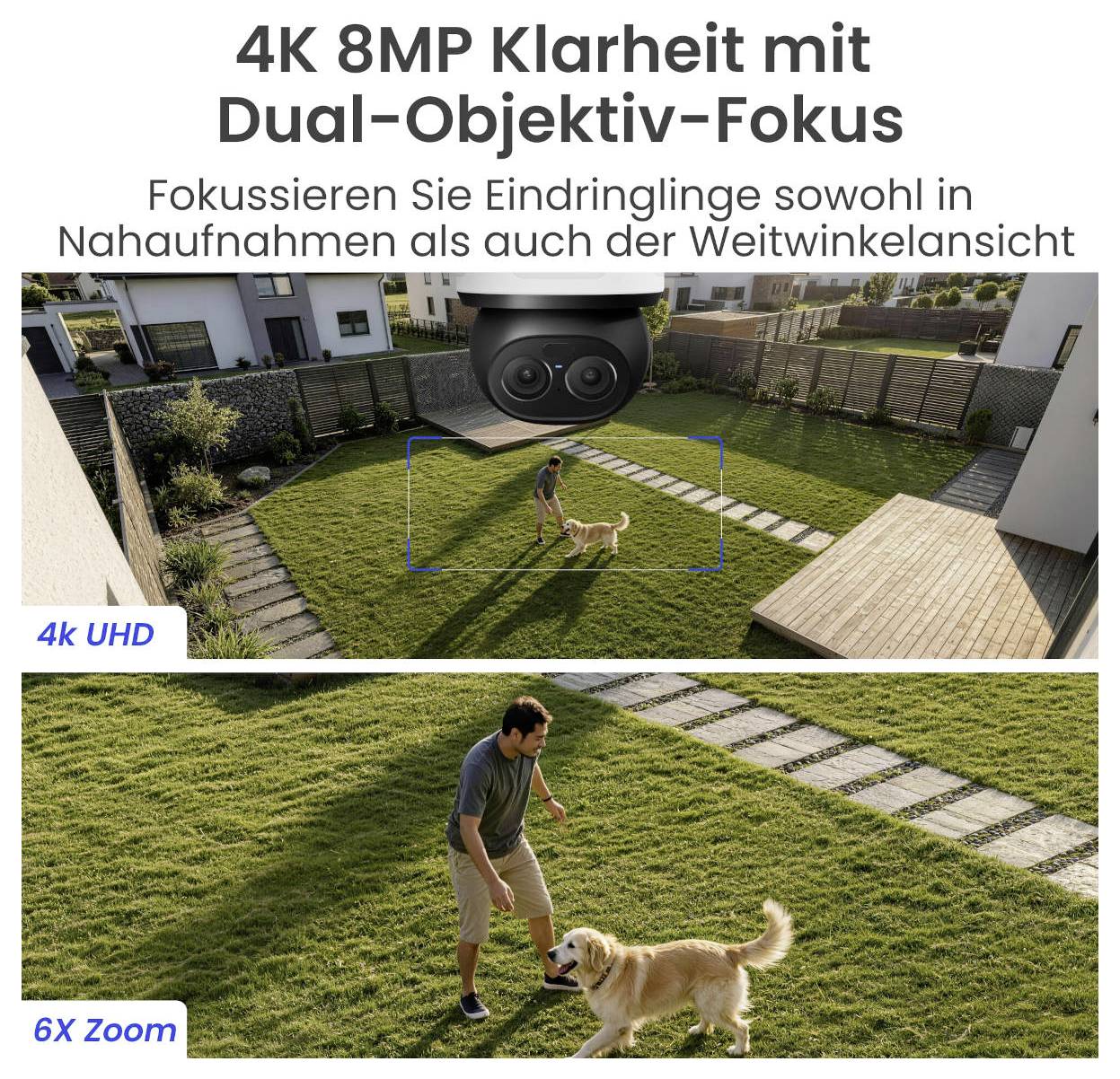 Werbeanzeige für eine Überwachungskamera: '4K 8MP Klarheit mit Dual-Objektiv-Fokus', die Eindringlinge per Nah- und Weitwinkel erkennt; zeigt Garten mit markiertem Personenbereich und 6x Zoom.