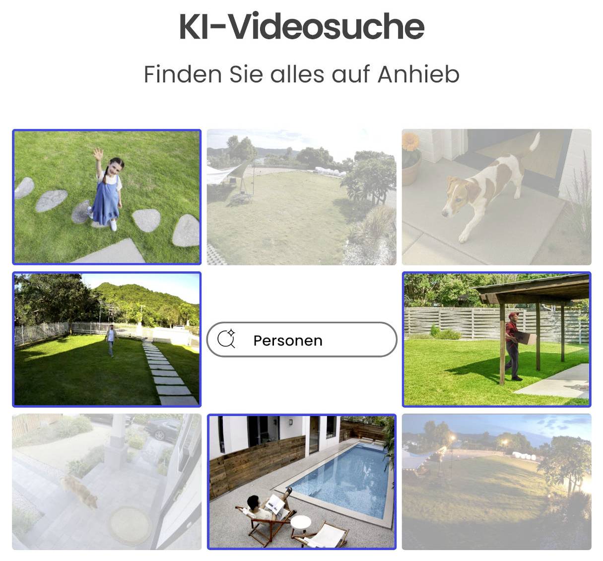 Startseite einer KI-Videosuche mit Überschrift 'KI-Videosuche' und Untertitel 'Finden Sie alles auf Anhieb'; darunter Video-Vorschaubilder und ein Suchfeld 'Personen'.