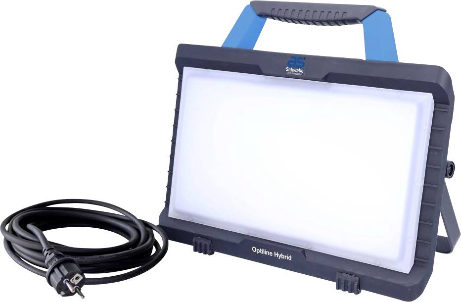 Tragbares LED-Arbeitslicht mit Griff, Ständer und Stromkabel auf weißem Hintergrund.