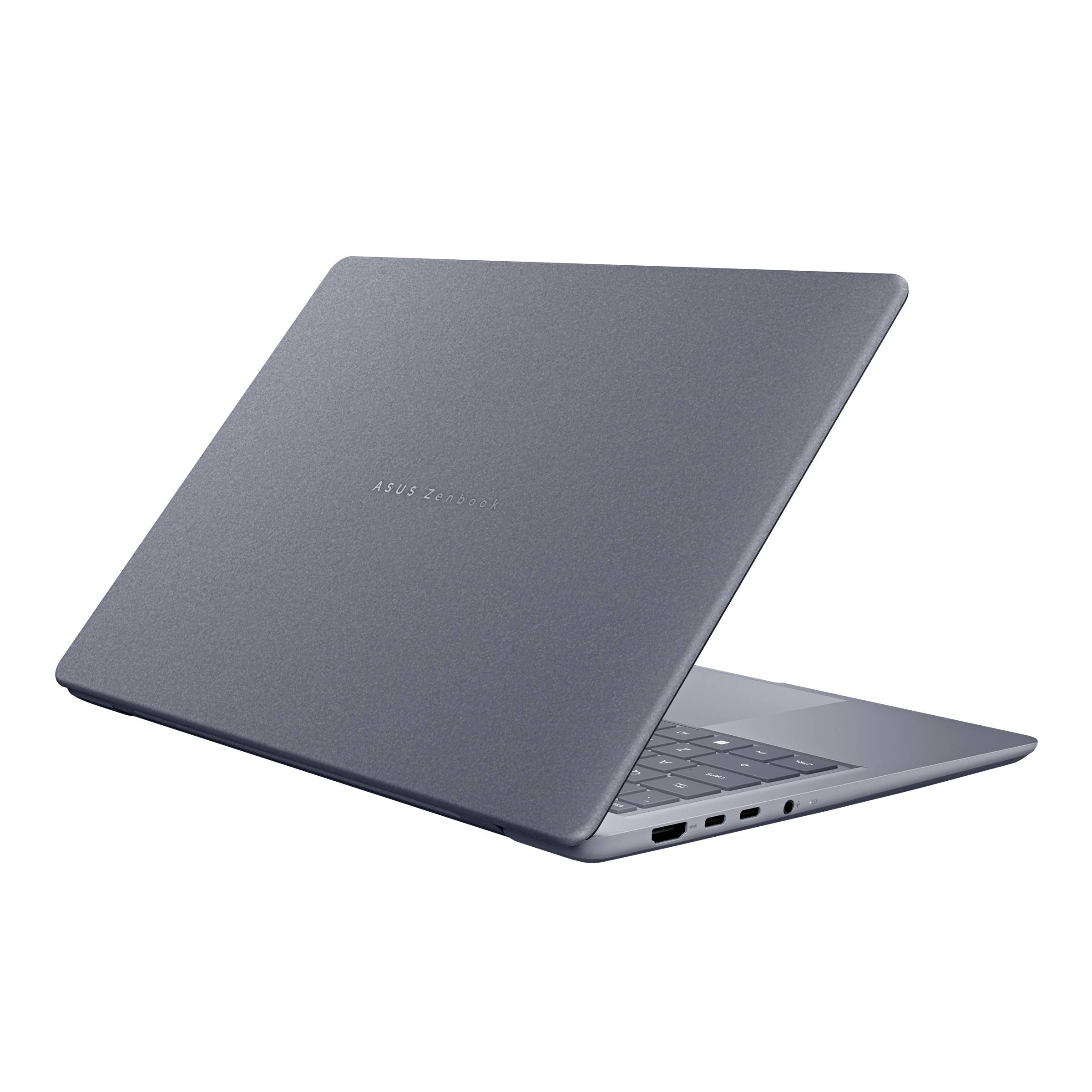Geschlossener grauer ASUS-Laptop, teilweise geöffnet auf weißem Hintergrund gezeigt, mit sichtbarer Tastatur und Seitenports.
