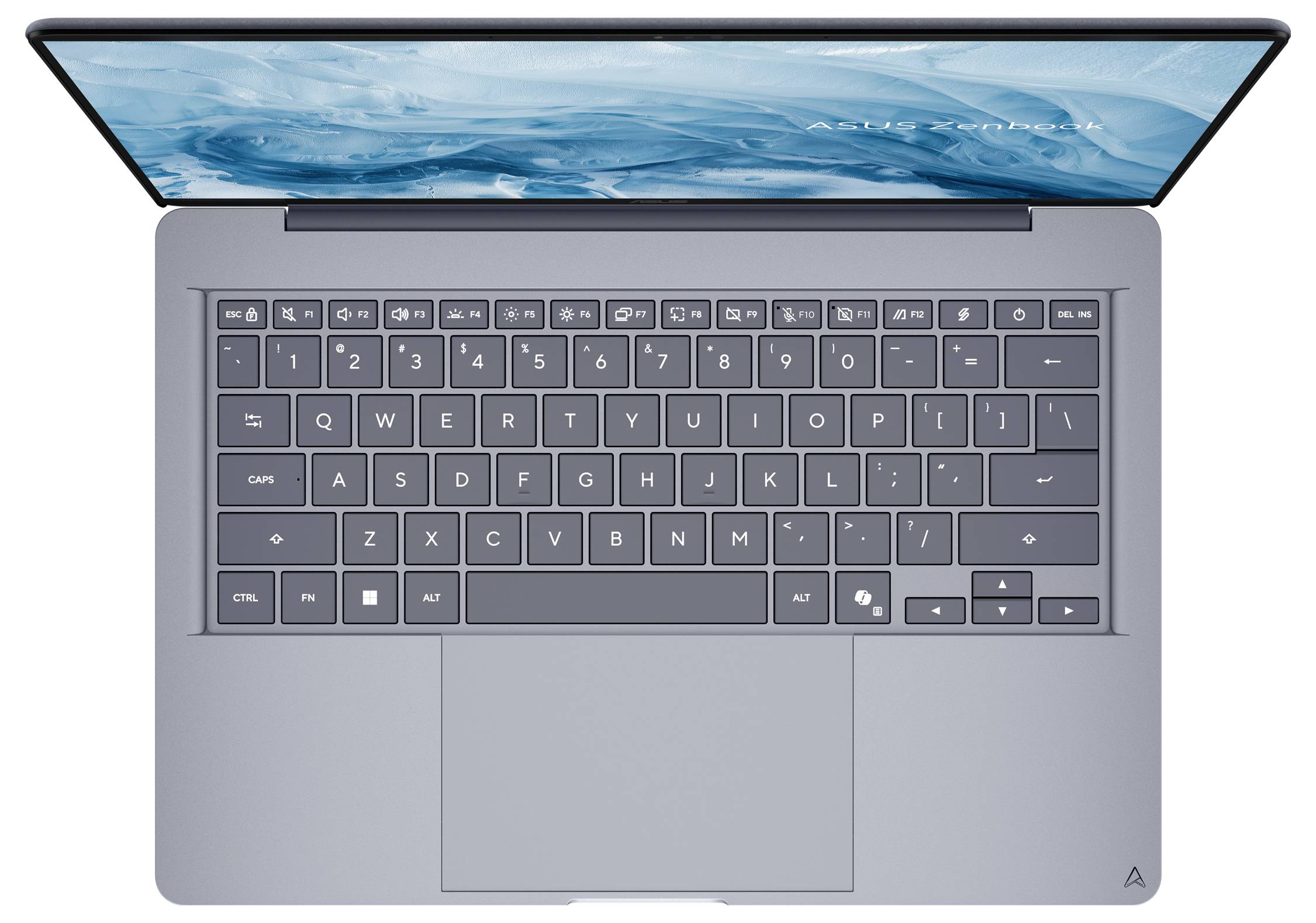 Draufsicht auf einen silbernen Laptop mit geöffnetem Bildschirm, der eine blaue Ozean-Hintergrundbilder zeigt, sowie eine vollständige Tastatur mit großem Trackpad.