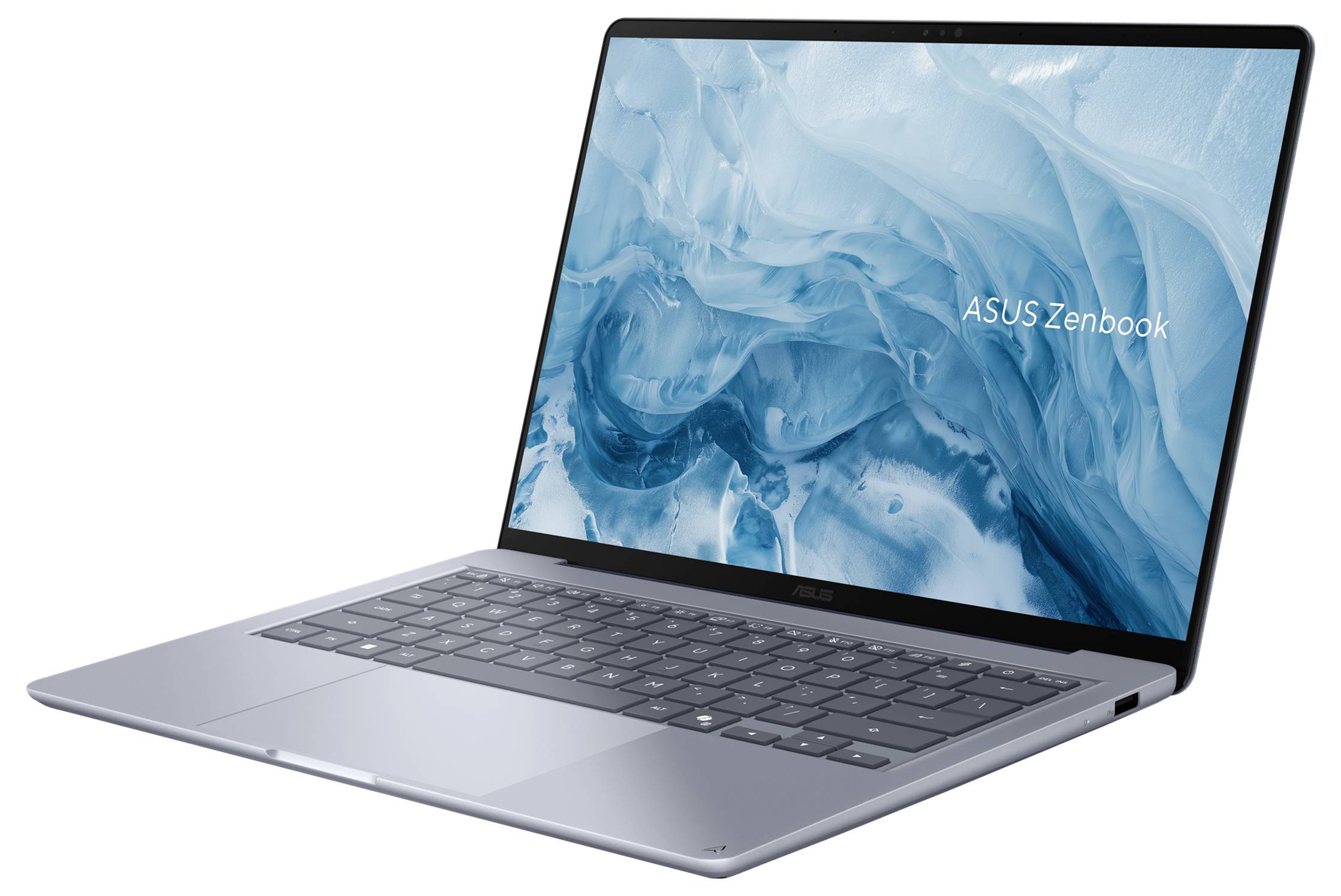Silberner ASUS Zenbook-Laptop, der auf weißem Hintergrund geöffnet gezeigt wird, mit einem blauen abstrakten Hintergrundbild auf dem Bildschirm.