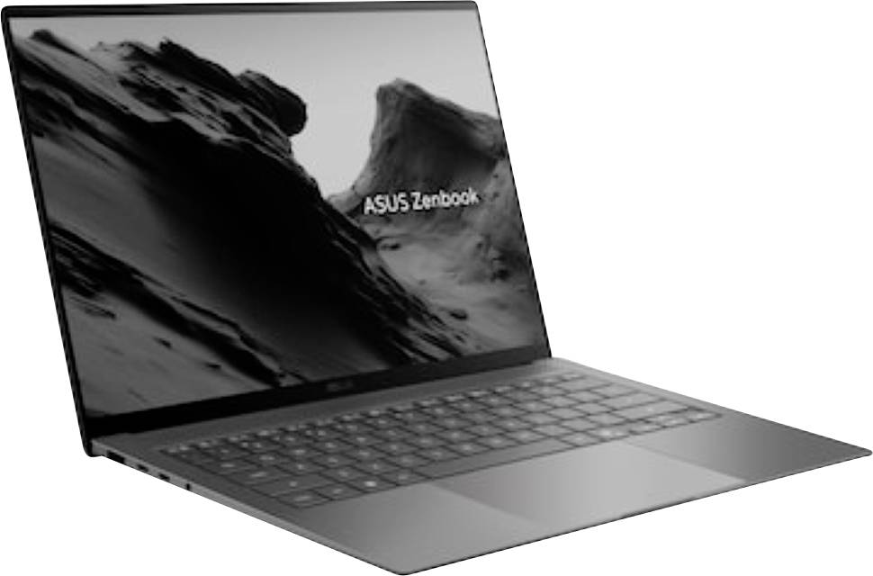 ASUS Zenbook Laptop geöffnet im Winkel auf weißem Hintergrund gezeigt, mit einer dunklen Berglandschaft als Hintergrundbild auf dem Bildschirm.