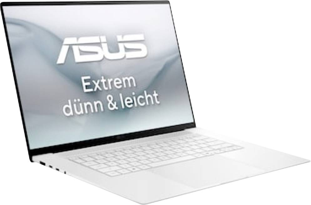 ASUS Laptop, aufgeklappt dargestellt, mit Bildschirmtext „Extrem dünn & leicht