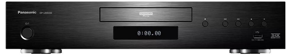 Vorderansicht eines Panasonic-Stereo-Komponentenverstärkers mit zentralem digitalen Zeitdisplay, Drehregler und Statusschaltflächen auf einer schwarzen gebürsteten Metallfrontplatte.