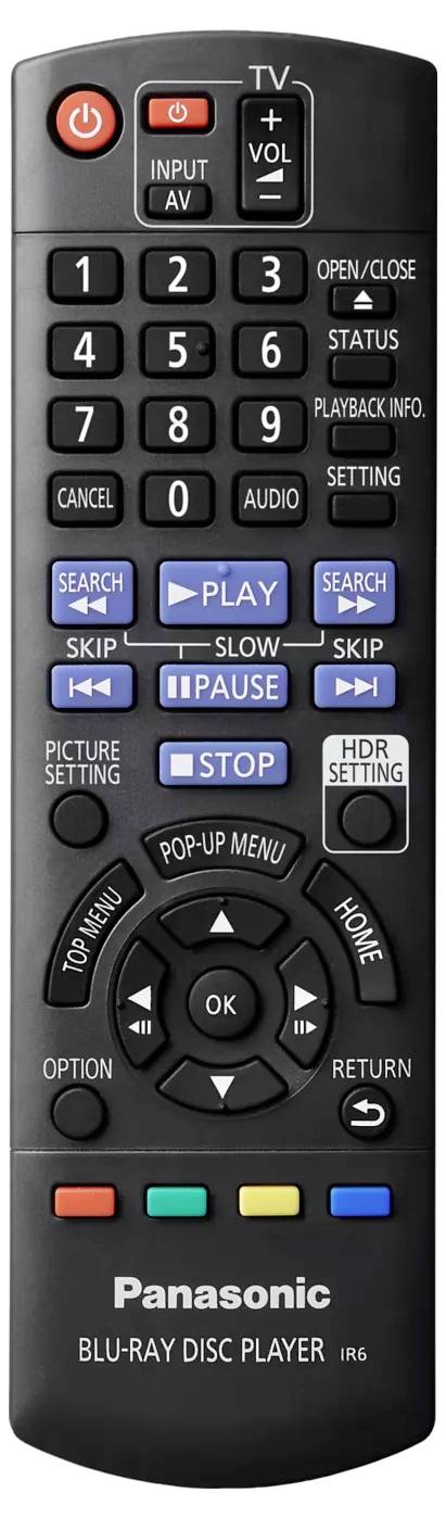 Panasonic Blu-ray Disc-Player-Fernbedienung mit Power-, Wiedergabe-, Zahlentastatur-, Menü- und Navigationstasten.