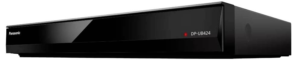Schwarzer Panasonic DP-UB424 Blu-ray-Player in einer vorderen linken Produktansicht, mit rotem Anzeigelicht und Modellname auf der Frontplatte.