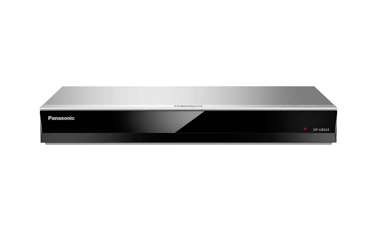 Schwarzes elektronisches Panasonic-Gerät auf weißem Hintergrund, Frontansicht mit 