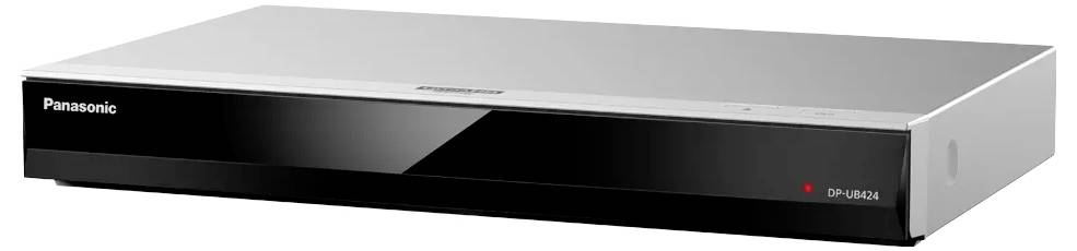 Panasonic schwarzer DVD-Rekorder/Player in Vorderansicht mit Stromanzeigeleuchte und Modellbezeichnung auf der rechten Seite.