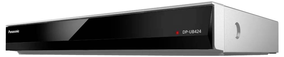 Panasonic DP-UB424 Blu-ray-Player in Schwarz und Silber in einer produktgerechten Frontansicht, mit Modellname auf der Anzeigetafel.