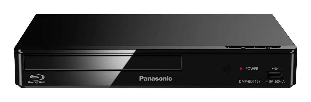 Schwarzer Panasonic Blu-ray-Disc-Player Vorderansicht mit Disc-Schlitz, Betriebslicht und USB-Anschluss.
