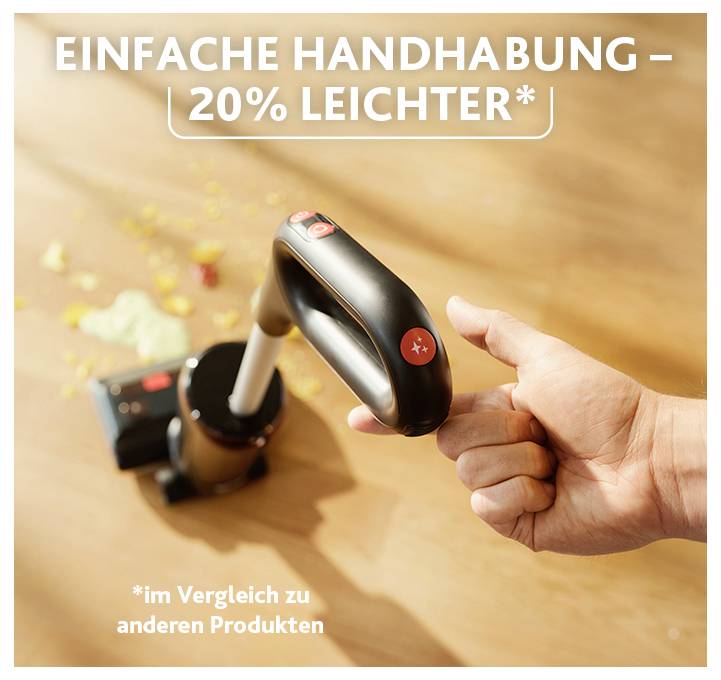 Handliche Reinigungsbürste mit Griff in der Hand; Text: 'EINFACHE HANDHABUNG – 20% LEICHTER*' und '*im Vergleich zu anderen Produkten'.