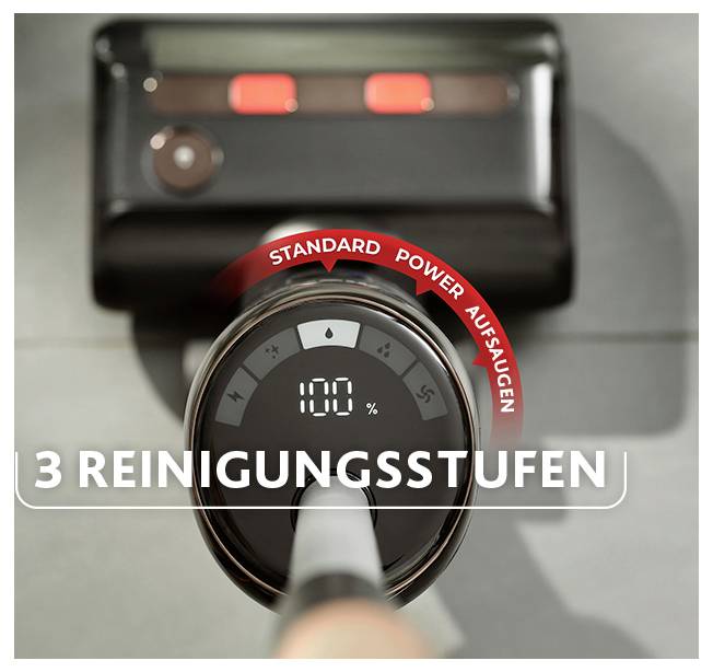 Nahaufnahme eines Staubsauger-Griffs mit Anzeige '100 %' und Umschalter für 'Standard' und 'Power'; unten steht '3 Reinigungsstufen'.