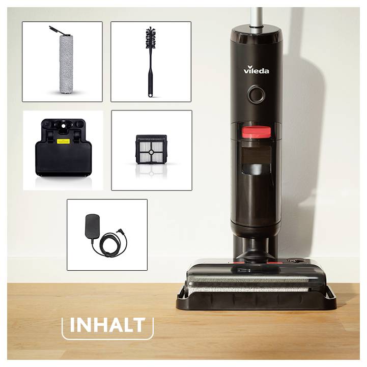 Vileda Akku-Staubsauger mit Ständer; links sind Zubehörteile gezeigt: Reinigungsrolle, Bürste, Ladegerät, Filter und Kabel.