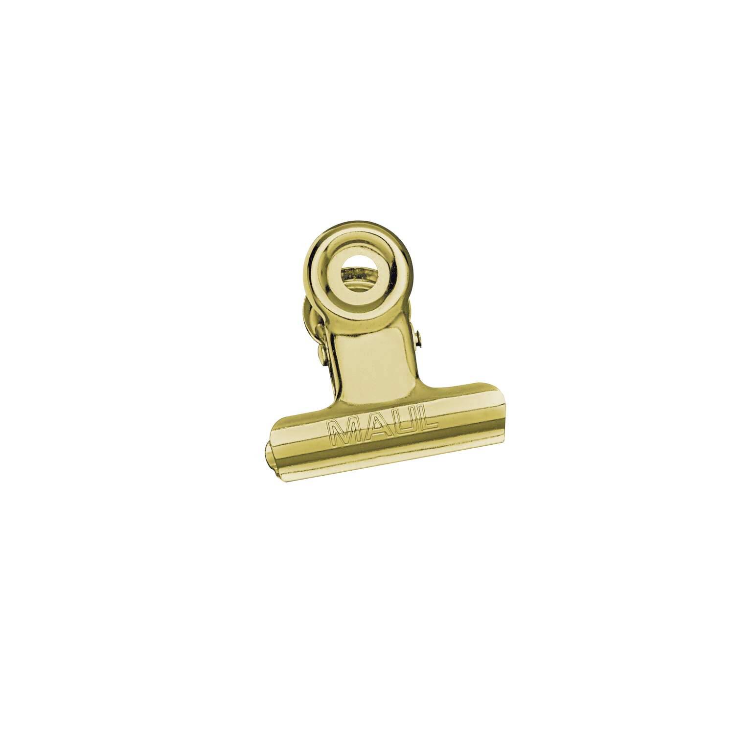 Goldene Metallklammer oder Klemmvorrichtung mit kreisförmigem Scharnier und flacher Basis, isoliert auf weißem Hintergrund.