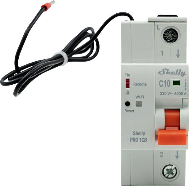 Shelly Pro 1CB WLAN-Schaltmodul mit angeschlossenem schwarzem Messleitungskabel und orangefarbenem Kippschalter.