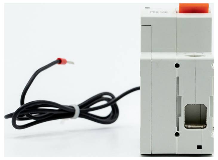 Graues Elektrelaismodul mit orangefarbiger oberer Anzeige und schwarzem Sensorkabel mit roter Spitzenprobe