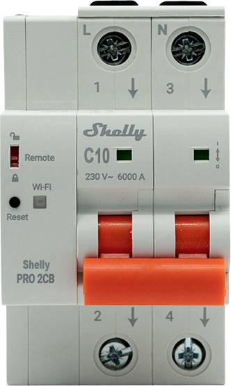 Shelly Pro 2CB zweipoliger Schutzschalter mit rotem Schalter, gekennzeichnet mit Remote, Wi-Fi, Reset und C10 230 V~ 6000 A.
